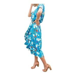 J. Crew Mercantile Floral Faux Wrap Dress XL Blue Hi/Low Ruffle Flounce Hem Midi